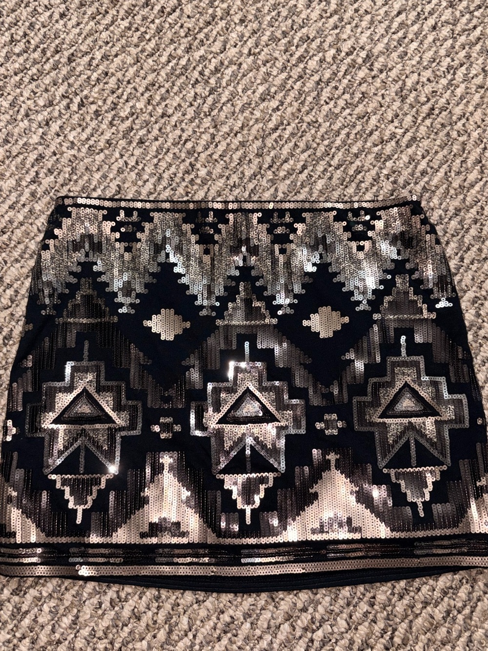 Express Black Mini Skirt with Silver Sequin Aztec Pattern